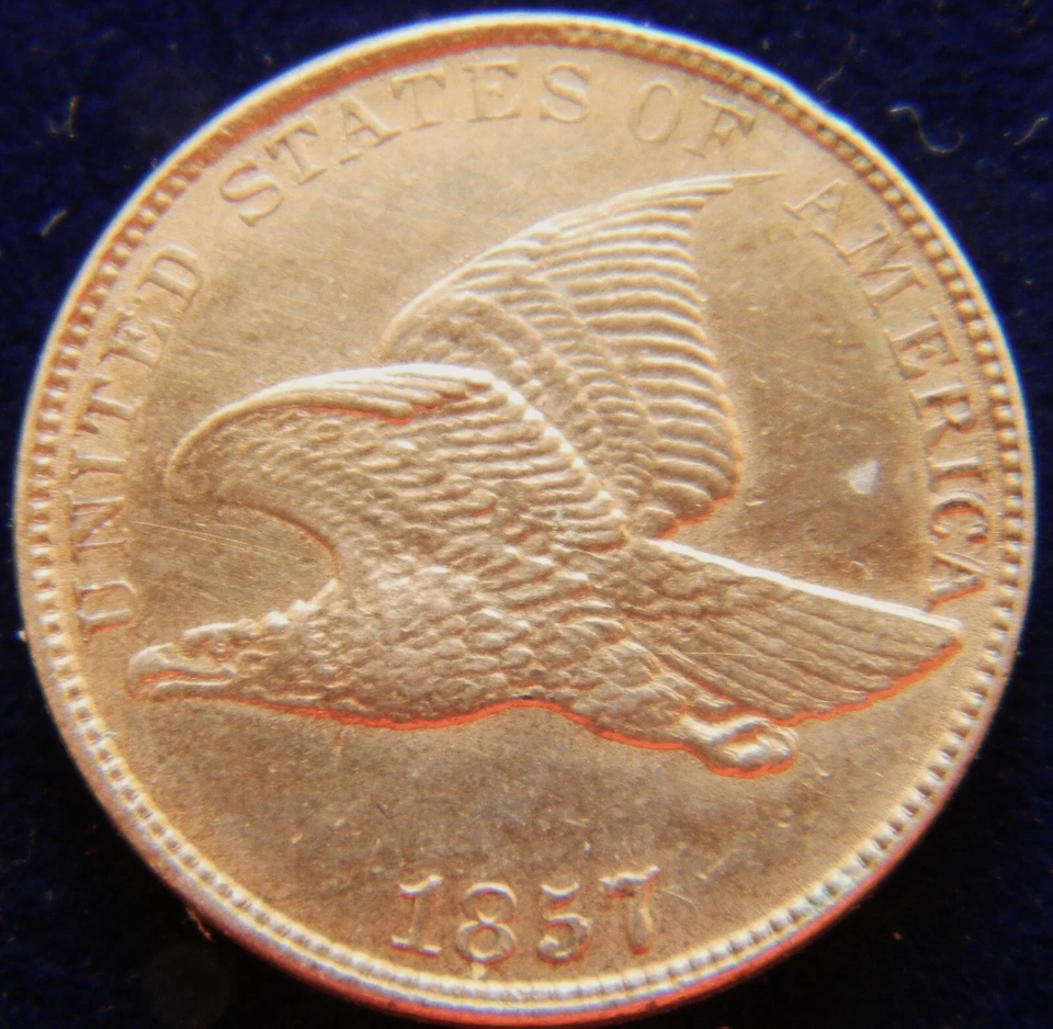CENTAVO FLYING EAGLE 1857 DOBLE MATRIZ FS-101, ANACS AU55 LAMINACIÓN INVERSA MASIVA Foto 2 de 4