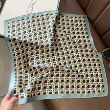 100% Silk 20'' Scarf Women Fashion Green Geometric Kerchief Small Square Bandana