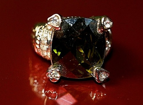 Vintage Green Topaz Rhinestone Diamante Silver Metal Ring 1980' size K - Picture 4 of 9