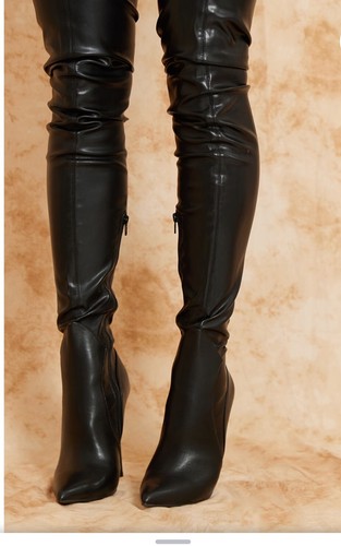 Black PU Point Toe Stiletto Heeled Over The Knee Boots - Picture 2 of 4