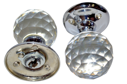 Crystal Glass Door Knob Mortice Faceted Pair Chrome Handles 60mm Round Rose - Picture 2 of 7