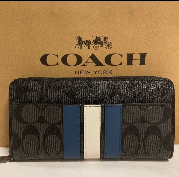 COACH Black Signature Blue White Stripe Line Long Wallet