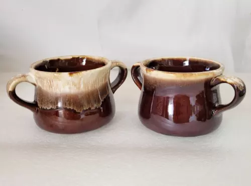2 Vintage McCoy Stoneware Brown Glazed Drip Soup Cup/Bowl with Double Handles