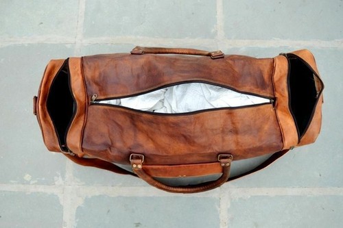 24" Size Real Leather travel luggage vintage overnight weekend duffel Gym Bag - Picture 3 of 5