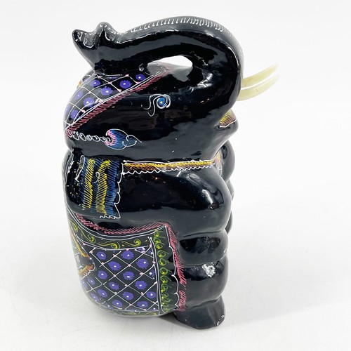 Hand Painted Wood Black Lacquer Sitting Elephant Figurine with Tusks Trunk Up - Picture 4 of 6