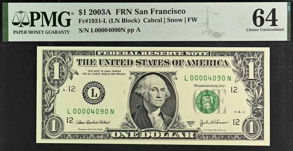 2003A $1 Federal Reserve Note PMG 64 - Birthday Low Serial Number 00004090 - Image 2 of 3