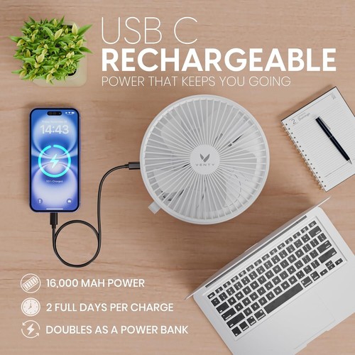 Portable Wireless Fan - 4 Speeds, LED, Remote & Case - USB-C Port (White) - Picture 7 of 9