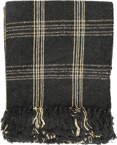 Plaid Black & Tan Fringed Woven Cotton Blend Throw 60 Inch X50