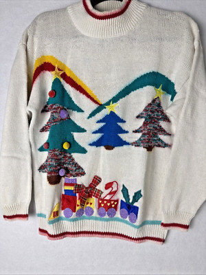 Ugly Christmas Sweater Knit Applique Christmas Tree Womens S FEW STAINS PHOTOS