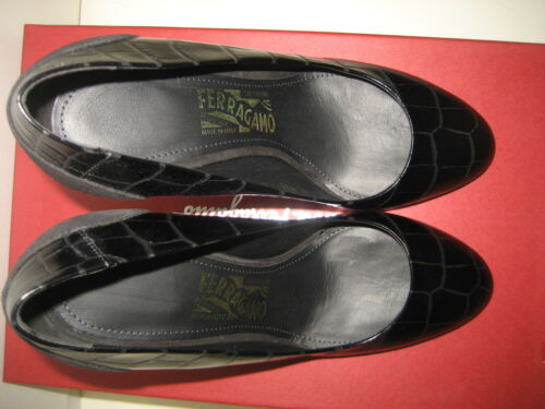$825 NUEVOS Zapatos de salón Salvatore Ferragamo negro cuero cocodrilo tacón alto 6, 7,5,10 - Imagen 6 de 17