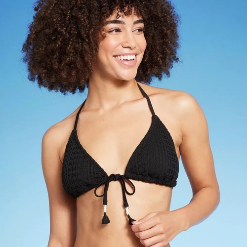 Top de bikini Wild Fable crochet triángulo para mujer XXS con lazo trasero negro - Imagen 1 de 9