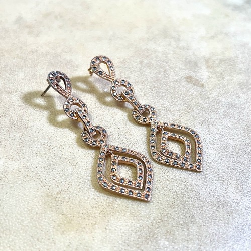 Rose Gold Over 925 Sterling Silver Earrings, Marcasite Rhinestone IMPERFECT - Picture 2 of 10