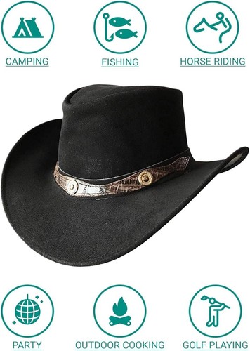 Real Leather Cowboy Hat Mens Vintage Chinstrap Australian Western Style Bush Hat - Picture 85 of 89