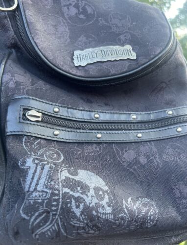 Vintage Harley Davidson Women’s Leather/Cotton Black Skull Backpack/Medium/Studs - Picture 2 of 11