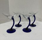 Set Of 4 Libbey Bravura Cobalt Blue Curved Stem Clear Bowl Martini Glasses