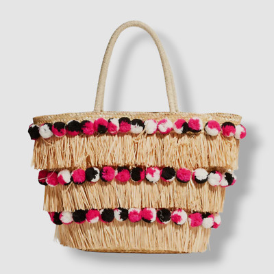 $174 BTB Los Angeles Women's Beige Olivia Pom Basket Straw Shoulder Tote Bag