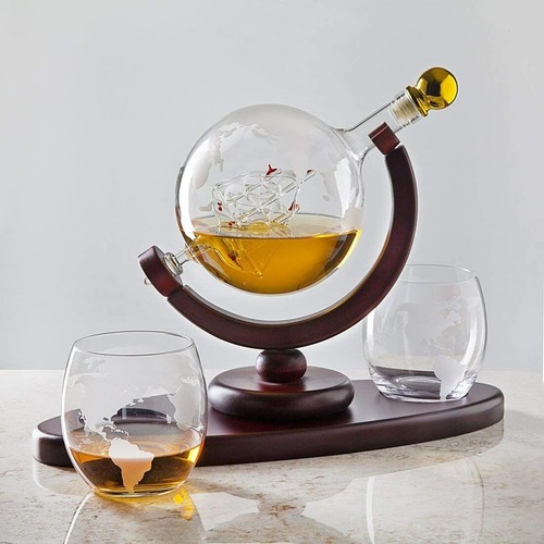 Whiskey Decanter Globe Set 2 Etched Whiskey Glasses Liquor Scotch Bourbon Vodka - Picture 2 of 5