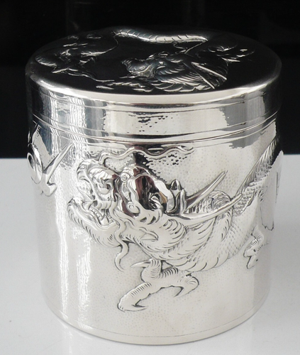 Chinese Export Silver Tea Caddy, Dragon Decoration, HE SONG 何松 Hong Kong c.1890