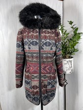 Green Envy Vt Tribal Print Faux Fur Collar Long Coat, Size Medium, Awesome! Bnwt
