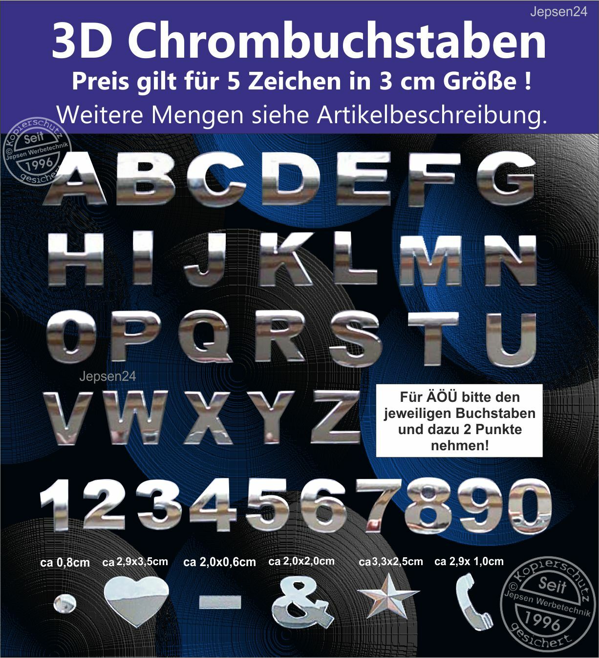 5 Zeichen 3D Chrombuchstaben in 3cm Größe, 1x kaufen 5 Zeichen zum aufkleben .