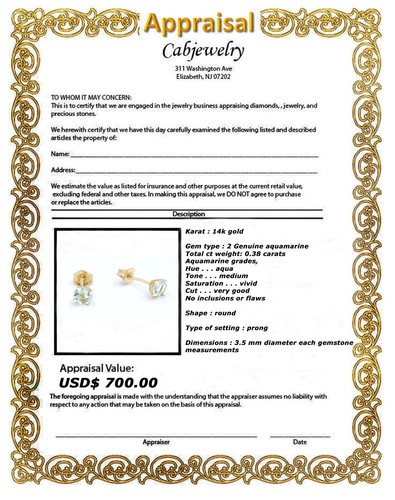 GENUINE 0.38 Cts AQUAMARINE STUDS EARRINGS 14K GOLD - 3mm Free Appraisal Service - Picture 3 of 3