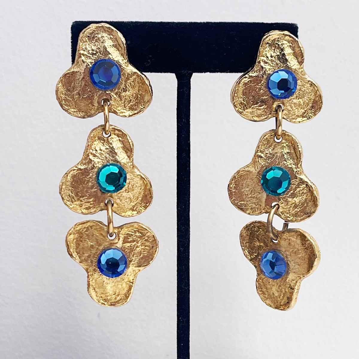 Carole Saint Germes Paris 24k Gold Plated Blue Green Crystal Floral Earrings