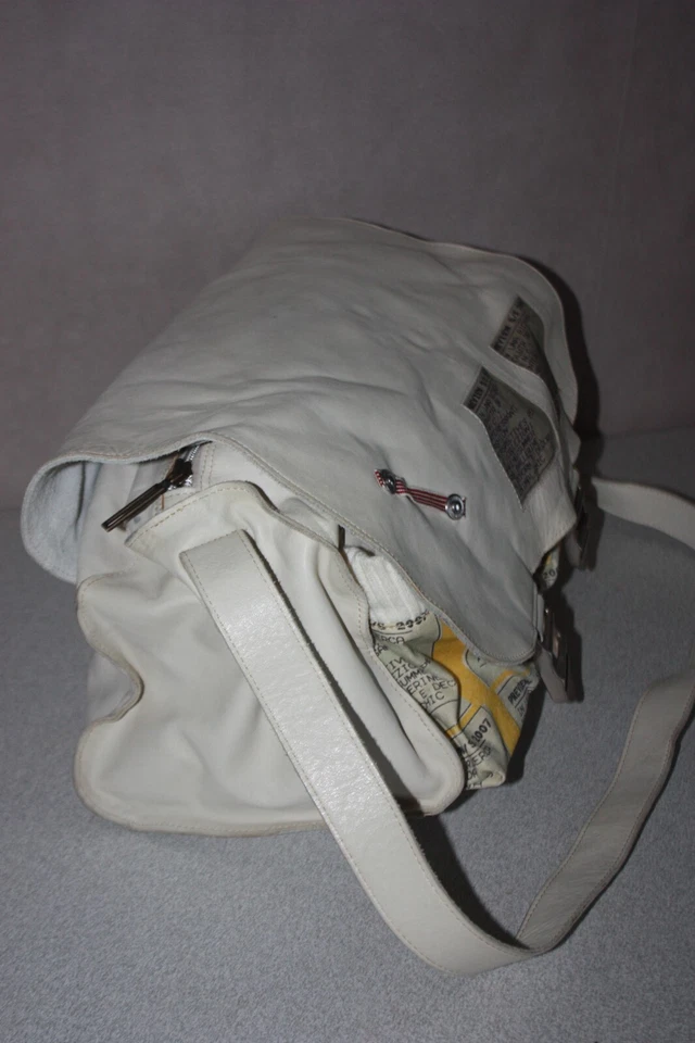 CATHERINE PARRA Sac Bowling Cuir et Coton Blanc Cassé TBE - Photo 3/4