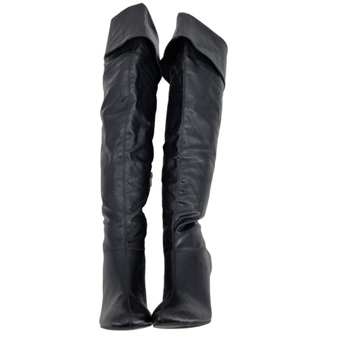 Vintage 90s Vegan Faux Leather Knee High Boots 7 Black Cuffed Heeled Pirate - Picture 5 of 9