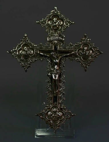 1900s Antique Sterling Silver Four Apostle Crucifix Crucifixion Christ Reliquary - Picture 24 of 24