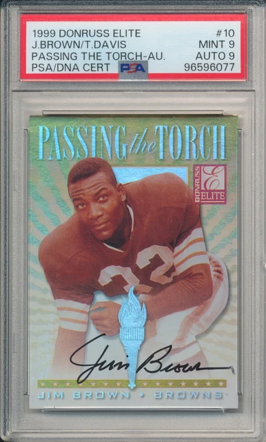 1999 Donruss Elite Passing The Torch Jim Brown Terrell Davis Dual Auto 100 PSA 9