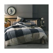 Cotton Grid Plaid Duvet Cover Set Queen Modern Reversible Checkered Bedding S...