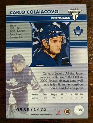 2002-03 Private Stock Titanium Retail Carlo Colaiacovo RC #138 0538/1475 Toronto - Bild 6 von 6