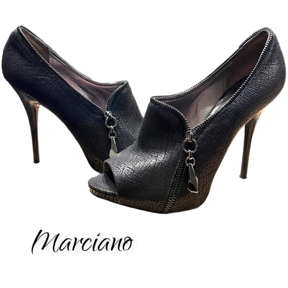 Кожаные подошвы Marciano с открытым носком - туфли на шпильке с искусственной молнией размер 9,5 черные - Изображение 2 из 4