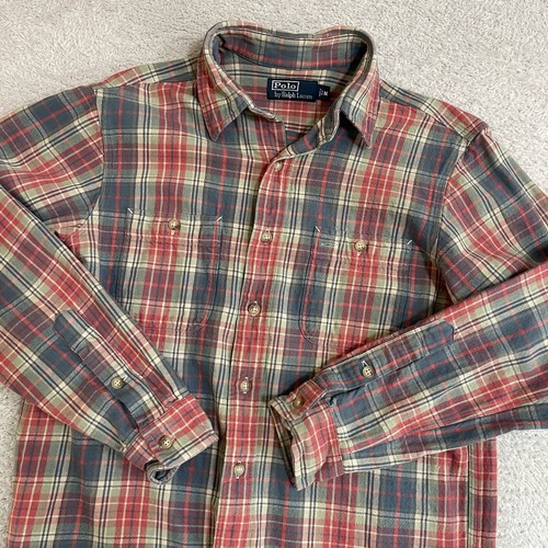 Vintage Polo Ralph Lauren Flannel Shirt Mens Medium Plaid Cotton Button Up 90's