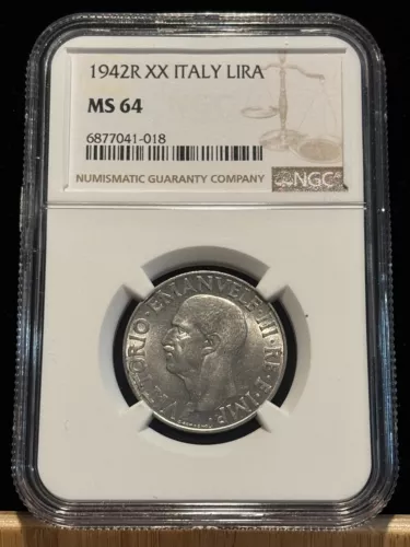 ITALY 1 Lira 1942-R XX, NGC MS 64 Choice UNC, Lustrous BU, WWII. F2.