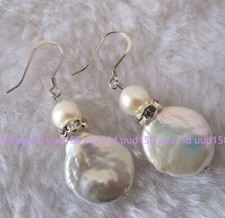 Natural 11-12mm Coin pearl Cultured Freshwater White Pearl Silver Hook Earrings