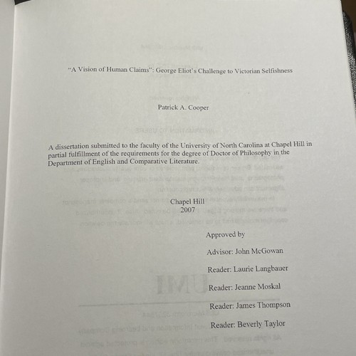 GEORGE ELIOT’S CHALLENGE TO VICTORIAN SELFISHNESS Cooper Dissertation VISION - Picture 3 of 5