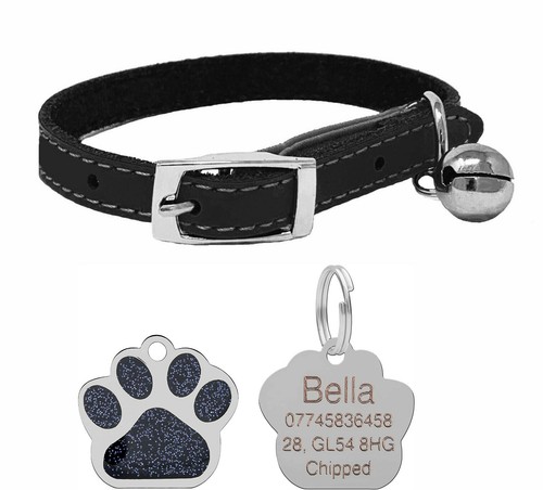 Leather Cat Collar with Safety Elastic Bell & Personalised 27mm Glitter Tag Set - Picture 12 of 47
