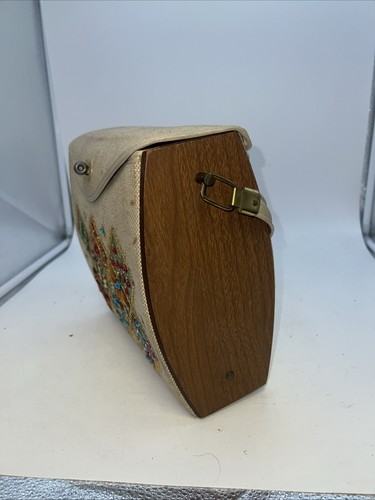 Vintage Jeweled Canvas Box Bag Purse Jewel Flowers Wood 1960's - Picture 3 of 7