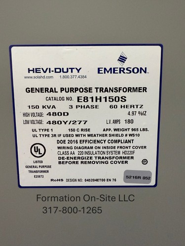 NEW EMERSON 150KVA E81H150S Transformer High 480D Low 480/277 180 amps - Picture 2 of 2
