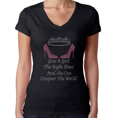 Womens T-Shirt Rhinestone Wear Bling BLK Fit Tee Give a Girl Shoes Conquer World