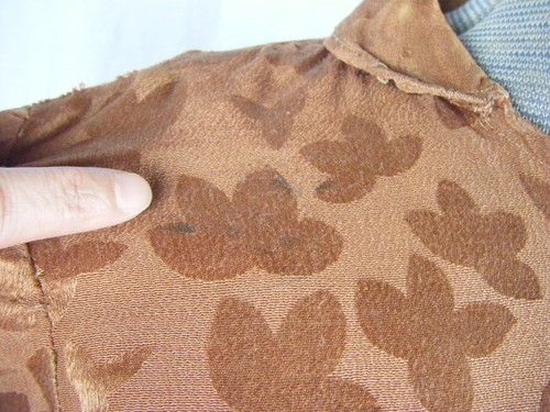 Antique 30s Handmade Brown Butterflies Brocade Cotton Dress-Bust 34/XS, AS-IS - Picture 8 of 9