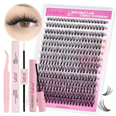 FADLASH 280 Individual Eyelash Extension Cluster Lash Kit Bond & Seal Glue D Curl Lashes