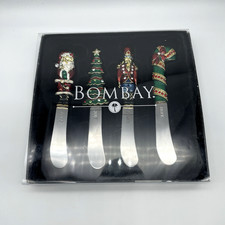 Bombay Enamel & Crystal Christmas Pate Butter Spreaders Knives 4 piece Set READ
