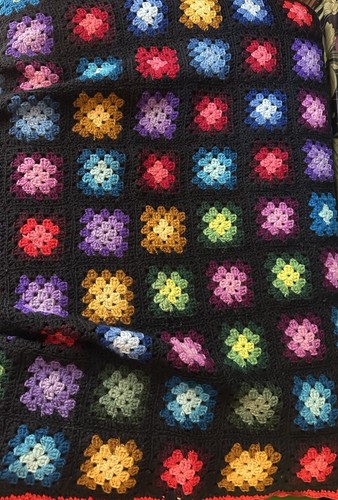 Crocheted Granny Square Afghan 54x74 Blanket Black Bright Multicolor Handmade - Picture 3 of 7