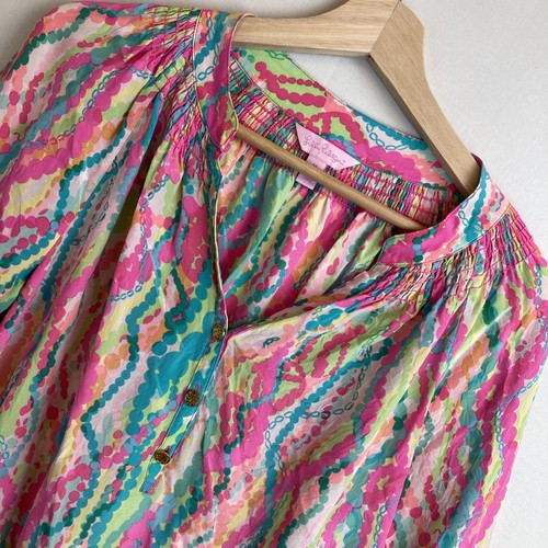 Lilly Pulitzer Bluse Medium Türkis Grün Rosa Elsa Seide Langarm 41773