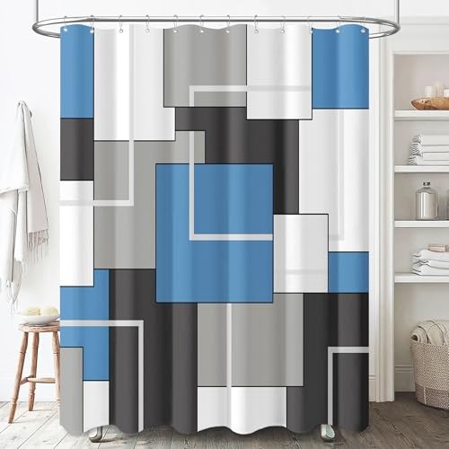 Blue Fabric Shower Curtain, Modern Geometric Neutral Cloth Shower Curtain Set - Picture 1 of 6