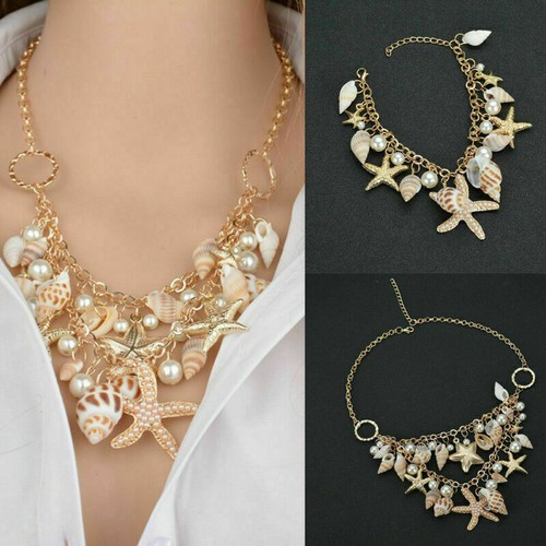Gold Bib Necklace Chunky Shell Starfish Flower Statement Pearl Sea Seashell Faux - Picture 2 of 11
