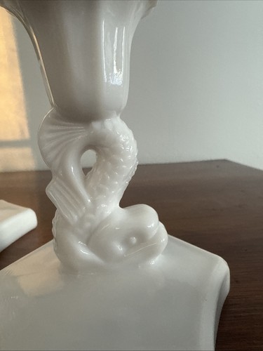 Pair Vtg 1940s Westmoreland White Milk Glass Dolphin 4” Candlestick Holders Koi - Picture 9 of 15