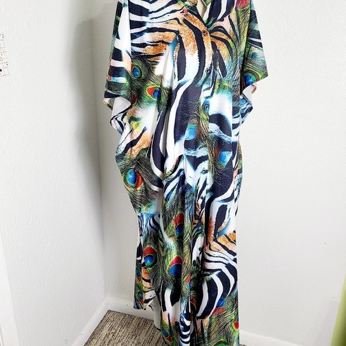 Peacock Feather Print Kimono-Maxi Dress, One Size - Picture 3 of 11